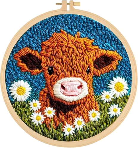 VDKIDKT Punch Needle Kits Adults Beginner DIY Punch Needle Kits Hoop Embroidery Kit for Adults Starter Craft Set Festival Gift and Decoration (Highland Cattle)