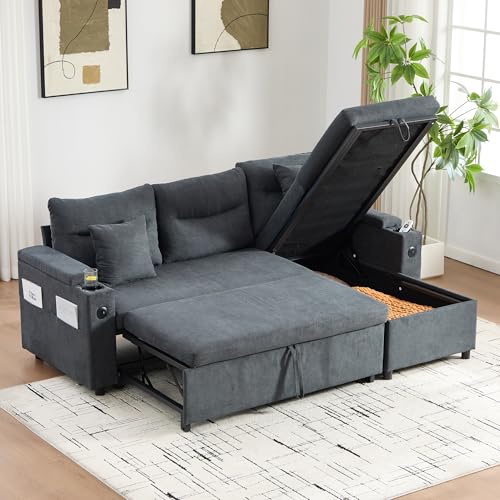 Lekvvied Sofá cama de 3 plazas de lino con asientos de almacenamiento, portavasos y USB-C, sofá esquinero en forma de L con reposabrazos portaobjetos, sofá de 3 plazas, gris oscuro
