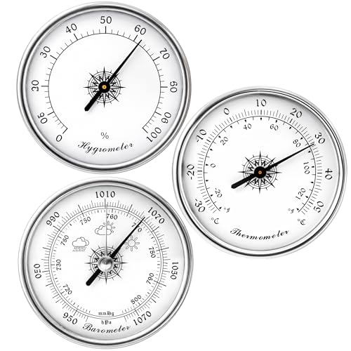 Analog Weather Station Barometer Set, 3-in-1 Air Pressure Temperature Humidity Gauge 950 to 1070hPa, -30–50°C, Silver Dial Type Traditional Barometers Hygrometer Thermometer, No Batteries Required
