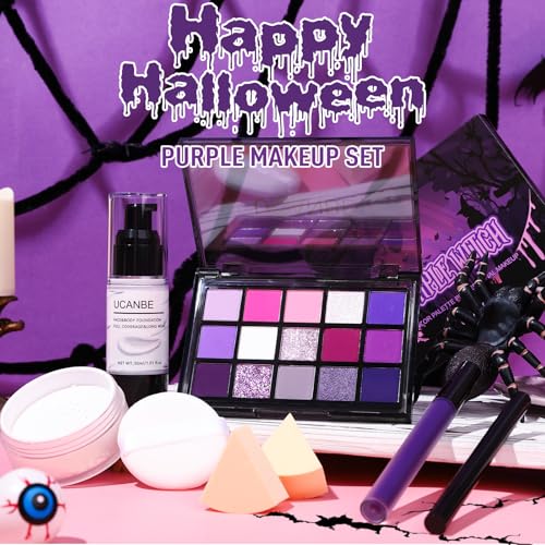 Image of UCANBE Halloween Makeup Kit - 15-Color Purple Eyeshadow Palette, White Liquid Foundation, Purple Liquid Lipstick, Black Eyeliner, Setting Powder & Sponges Makeup Set for Cosplay Witch Devil Sorceress