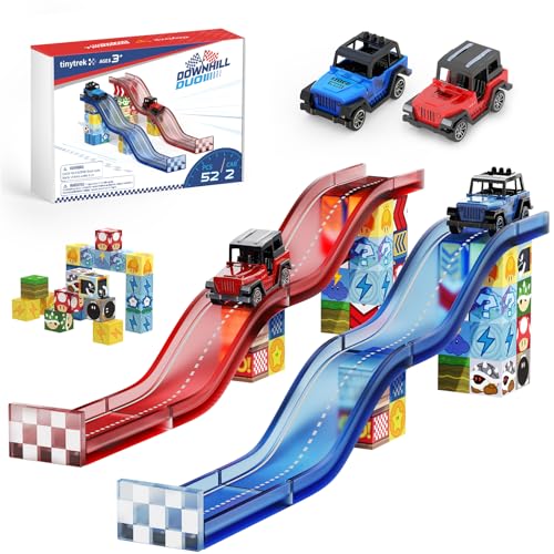 tinytrek Magnetic Tiles Race Track Set 52PCS STEM Educational Magnetic Building Blocks with 2 Race Cars Montessori Sensory Travel Toys for Kids 3 4 5 6 7 8 Birthday for Boys & Girls