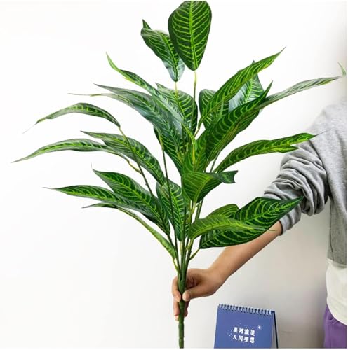 Image of Dekorly Artificial Plant Leaves Tropical Monstera Large Artificial Plants Fake Zebra Leaf Plastic Palm Tree Branch for Home Garden Decor | 26 Leaves (WithPot-Green D, Height : 76CM)