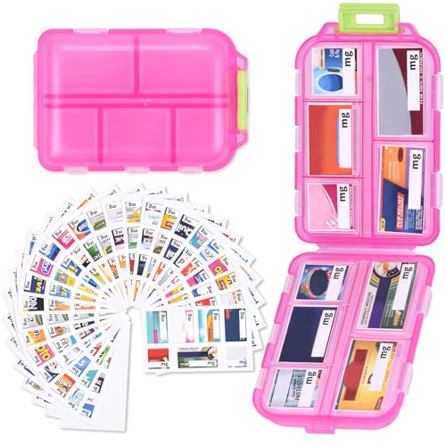 Image of Large Travel Pill Box with 189 Medicine Labels, 10 Compartments Travel Medicine Organizer Medicine Pill Organizer Travel Essentials Pill Organizer with Stickers (Pink, 1 Pack)