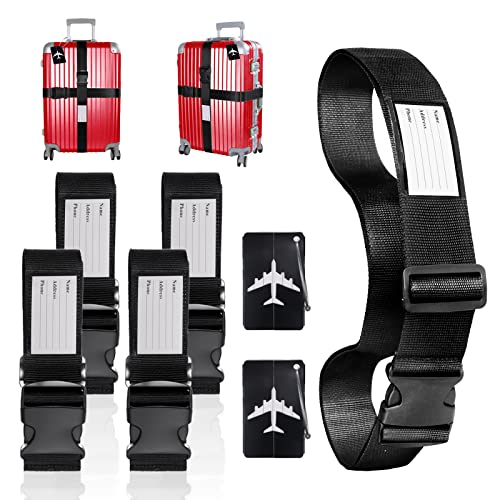 Fiteber Sangle de Bagage, 4 Sangles Réglables pour Les Bagages avec 2 Étiquettes à Bagages, Accessoires de Sangle Croisée de Voyage pour la Sécurité et Marquage des Bagages (5x200cm, Noir) Cover