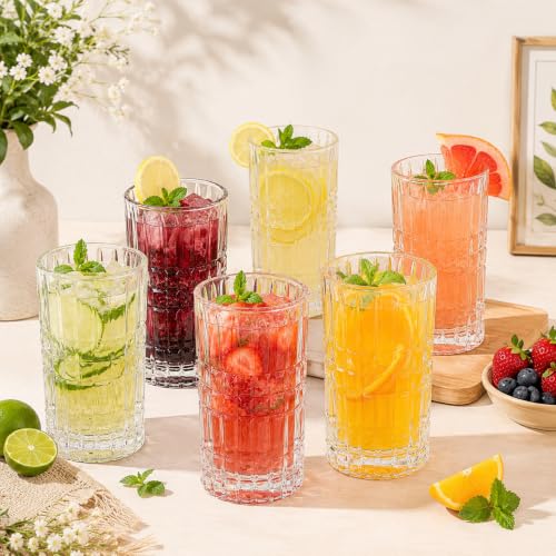 Image of WRINGO Ribbed Juice Glasses, 350 ml Drinking Water Glass Tumblers, Textured Pattern Glasses for Juice, Water, Soft Drinks, Cocktails, Mocktails & Daily Use, Transparent Glassware (Set of 6)