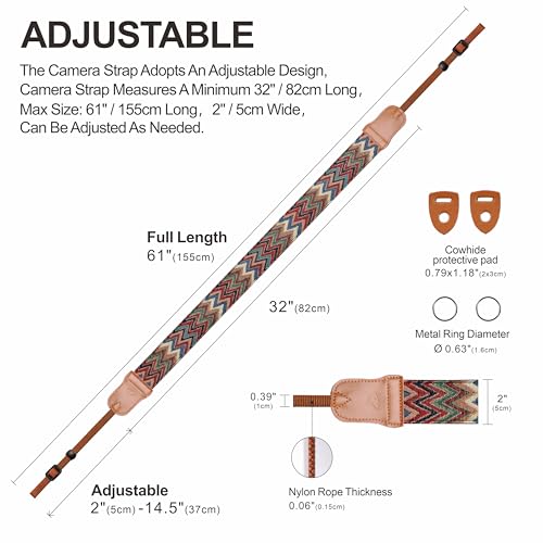 Image of Padwa Lifestyle Camera Strap - 2 inch Cowhide Head Camera Straps for Photographers,Vintage Jacquard Embroidery Woven Cotton Adjustable Shoulder Neck Straps for Cameras,Binoculars（Cool Ethnic Style Waves）