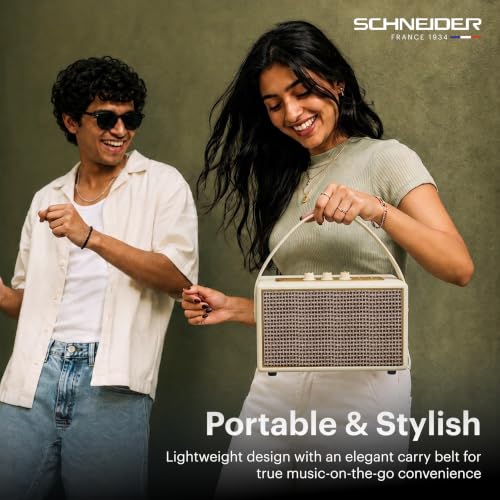 Image of Schneider ENERZA HP60 Wireless Portable Home Audio Speaker | 60W Triple-Driver 360 Sound | Wooden Acoustic Enclosure with Bluetooth 5.4 | Splashproof | Vintage Classic Design - Ivory