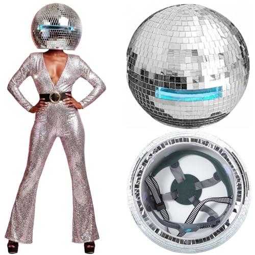 Sabary 11.81 Inch Disco Ball Helmet Adult Silver Glitter Glass Hat Novelty Punk Disco Ball Costume Cosplay for Nightclubs Parties Bar Djs Stage