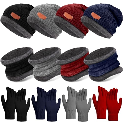 12 Pcs Kids Winter Hat Glove Scarf Sets Kids Beanie Cap Touch Screen Gloves and Warm Circle Neck Scarf for Toddler Boys Girls