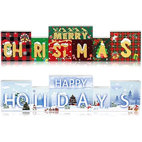 Christmas Sign Decor Double Sided Merry Christmas Happy Holidays Decorations Farmhouse Winter Wooden Decorations Vintage Rustic Sign Red White and Green Decorations for Home Table House Kitchen Cover