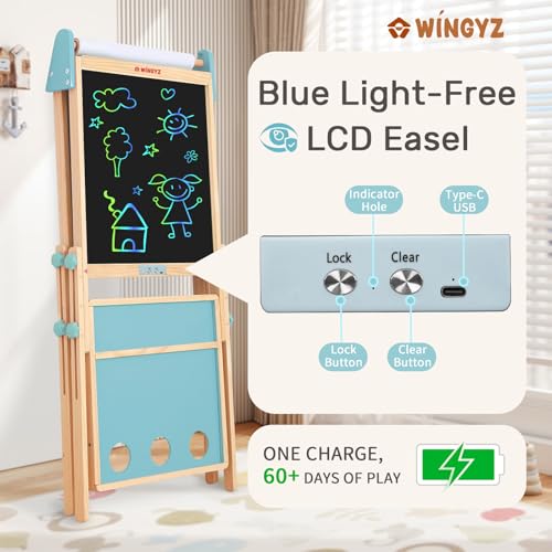 Image of WINGYZ 24 inch LCD Easel for Kids - Wooden Art Station for Ages 3-12 | Color Drawing Tablet, Blue Light-Free Screen, Whiteboard & Paper Roll, Mess-Free Creative Gift for Home & School