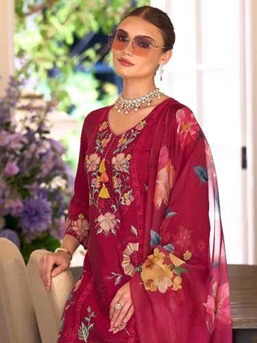 Image of INDO ERA Women's Silk Blend Floral Embroidered Thread Work Kurta & Pant with Dupatta Set (IEOUT13230)