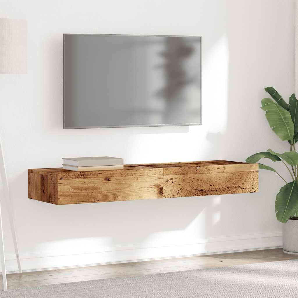 Armario de TV con luces LED, 2 unidades, aspecto de madera envejecida, cómoda de TV, mueble bajo de alta fidelidad, 60 x 35 x 15,5 cm