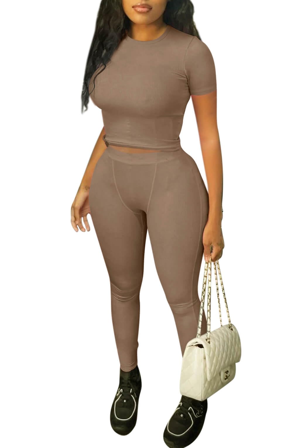 ZFLM Casual Workout Two Piece Outfits for Women Fitted Crew Neck T-shirt High Waist Pants Matching Sets Streetwear