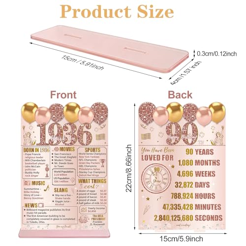 Image of Guiruiy Pink Rose Gold 90th Birthday Decorations for Women, Two-Sided Vintage 90 Back in 1936 Theme Poster Acrylic Table Sign with Stand, Ninety Years Old Bday Centerpieces Holder for Table Decor