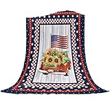 4th of July USA American Flag Farm Trucks Memorial Day Soft Throw Blankets Blue Red White Stripes Stars Rustic Wooden Buffalo Check Flannel Bed Blanket Decorations for Home Sofa Couch Chair ,40x50 IN