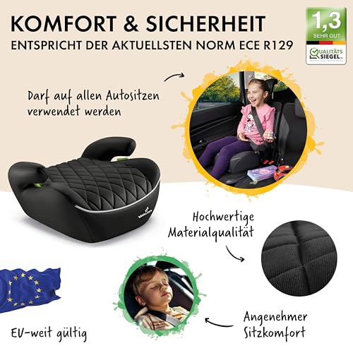 WALSER Premium Kinder Sitzerhöhung Auto, Qualitätssieger Sehr Gut* Kindersitz Auto 125-150 cm, Kindersitzerhöhung Auto Andy neueste Norm 2024 ECE R 129, Sitzerhöhung Auto Kindersitz schmal schwarz