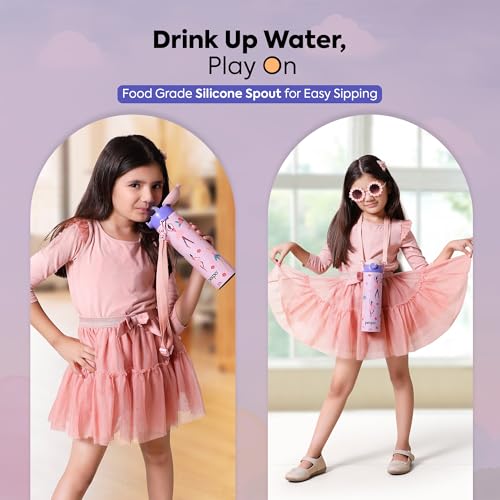 Image of Go24 pexpo Sporty ISI Certified Stainless Steel Water Bottle For School Kids - 700ml (Pack Of 2) | 6+ Years | Sipper Cap | Leakproof & BPA Free | Picnic, Travel, Sport - Pink Dancing Girl UV Print
