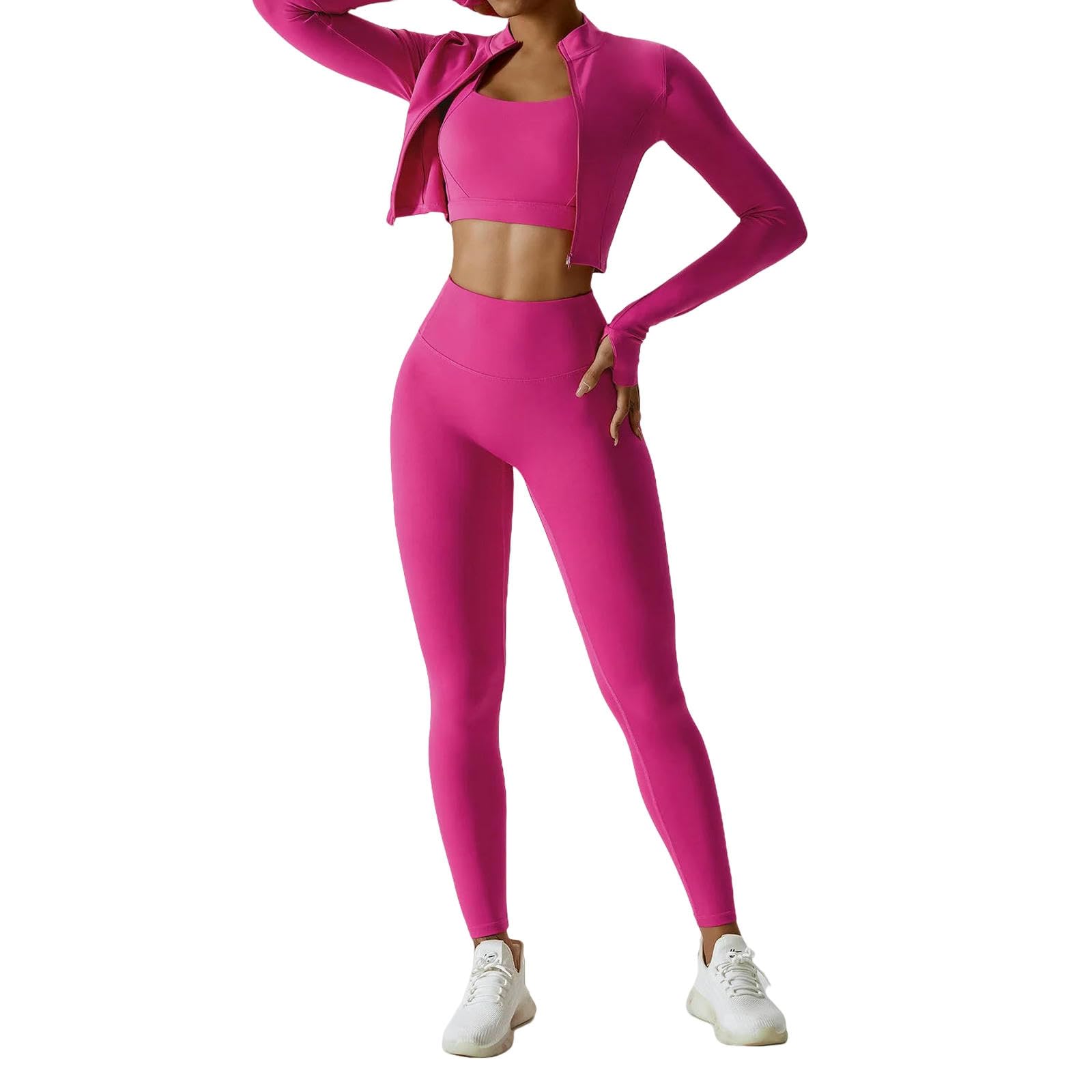 WANGSHUO Damskie legginsy sportowe Zestaw do jogi 3 szt. Strój fitness dla kobiet Odzież gimnastyczna z długim rękawem Legginsy sportowe z wysokim stanem-Magenta_a-l