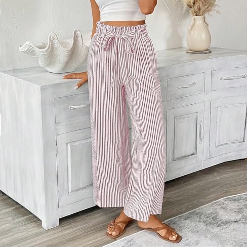 Striped Linen Pants Women Wrap Elastic Waist Wide Leg Trousers Casual Summer Pinstripe Lounge Pants with Pockets4