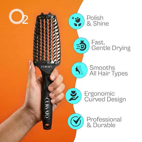 Image of CURVATO Titanium Ceramic Curved Thermal Brush - Professional Styling Brush with Boar & Nylon Bristles for Shine, Control, and Lift, Ideal Hair Styling Tools for All Hair Types, by O2