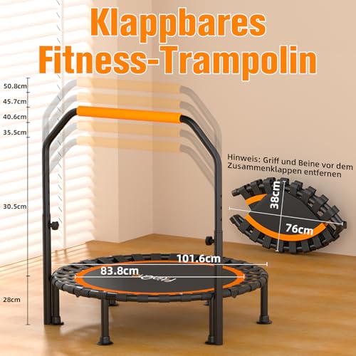FitinOne 150KG Ø 101CM Faltbares Mini-Trampolin mit Bungee Bänder, 5-Fach Verstellbarer Schaumstoffgriff, Stabiler und leiser Fitness Indoor-Trampolin für Kinder und Erwachsene