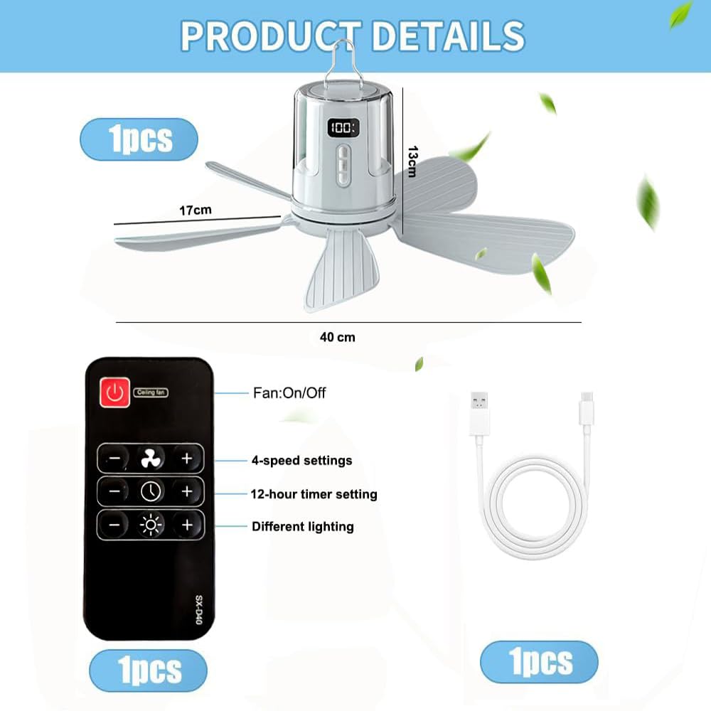HEYIDAMAI Ventilatore da soffitto con illuminazione da campeggio, piccolo ventilatore da soffitto a batteria con luce e telecomando, USB, timer, 4 livelli, ventilatore da soffitto a LED, ricaricabile
