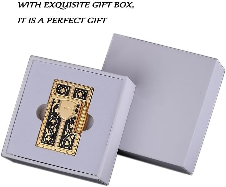 Vintage Butane Gas Lighter, Flip cover with sound，Side Pulley Ignition, Copper Carved Wood Grain Lighter, Cool Lighters for Men Women，Adjustable Flame Torch Lighter,for Father Husband Gift Collection(
