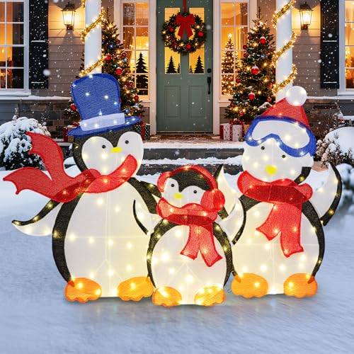 COSTWAY 3 teilige LED Pinguin Familie, beleuchtete Weihnachtsdeko mit...