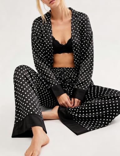 Image of Yimoon Satin Pajama Set for Women Silk Pajamas Set 2 Piece Floral Cute Pj Set Long Sleeve Pjs Sleepwear