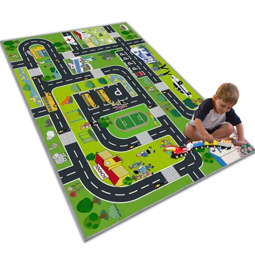 CLAILEIRS Spielteppich Kinderzimmer 120×180 Teppich mit Straßen- für Jungen und Mädchen, die gerne mit Autos Spielen und Rollenspiele | waschbarer rutschfesterSpielteppich Straße