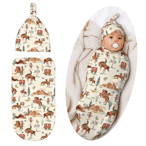 Image of Western Style Swaddle Blanket with Hat for Baby, Swaddling Sleeping Sacks Unisex Baby Stuff, Western