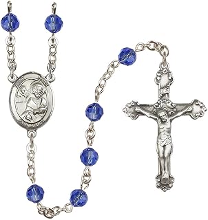 Bonyak Jewelry Sterling Silver 6mm Austrian Crystal Saint Mark The Evangelist Rosary - September Blue