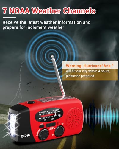 Image of Portable Emergency Weather Radio Hand Crank Self Powered AM /FM /NOAA Solar Radios with 3 LED Flashlight 1000mAh Power Bank Phone Charger (Red) (B12)