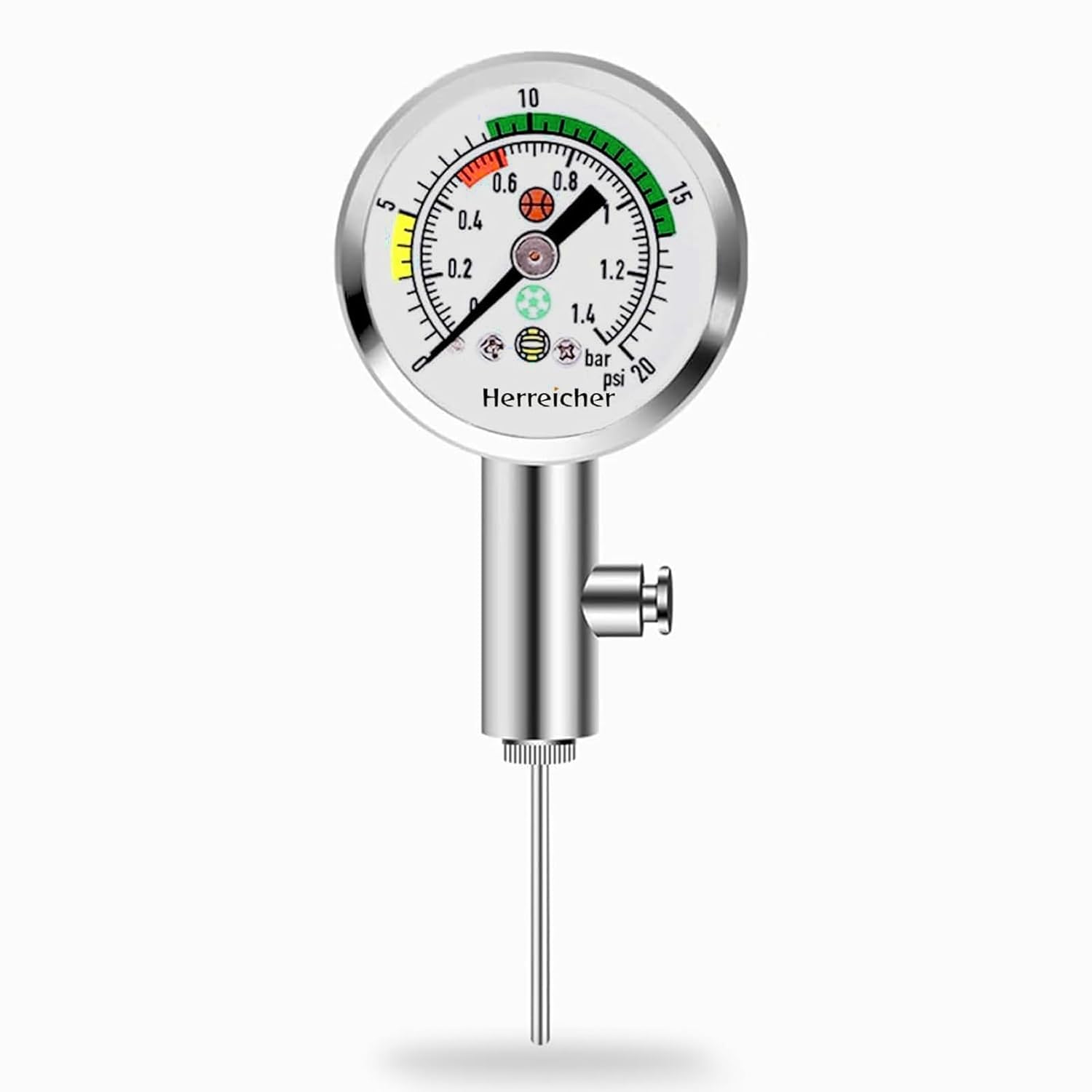 Jauge de pression d'air de précision pour football, basketball, volleyball et rugby - Boîtier en métal robuste et affichage clair (0-20 PSI/0-1,4 bar) - Aiguille pour toutes les valves à bille