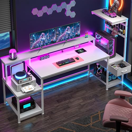 Image of DurayLoly 63 inch Computer Desk with LED Lights & Outlets,Office Desk with Drawers & Monitor Stand,Gaming Desk with 3 Storage Shelves, Hooks& Printer Space for Game&Study Room,Home Office,Bedroom,White