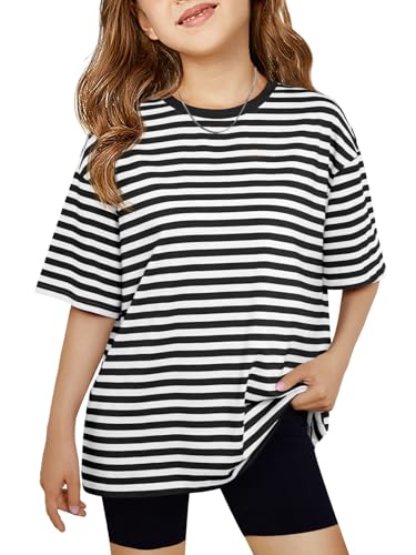 Haloumoning Girls Striped Short Sleeve T Shirts Kids Summer Oversized Tops Casual Crewneck Tees 5-14 Years