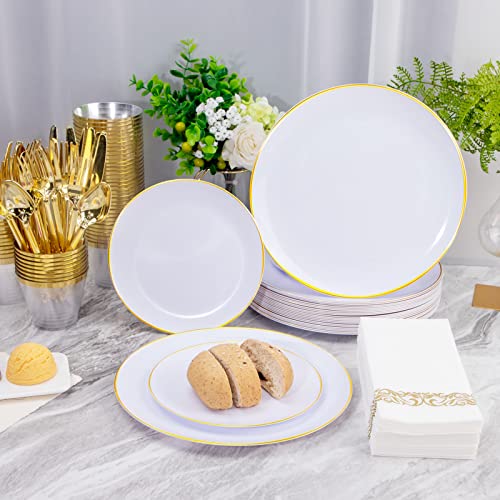Llsf 700 Pcs White Gold Plastic Plates With Disposable Gold Plastic Silverware, Gold Plastic Dinnerware Include 100Dinner Plates,100Gold Salad Plates,300 Gold Cutlery,100 Cup & 100 Party Napkins #TOP2
