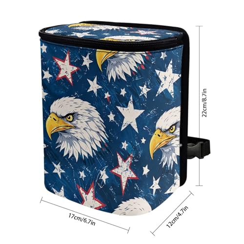 Image of Talayituse Eagle American Flag Print Car Trash Bin, Large Size Auto Trash Can Adjustable Portable Garbage Can with Lid, Vehicle Hanging Bag for Headrest Front Back Seat 4th of July Decor