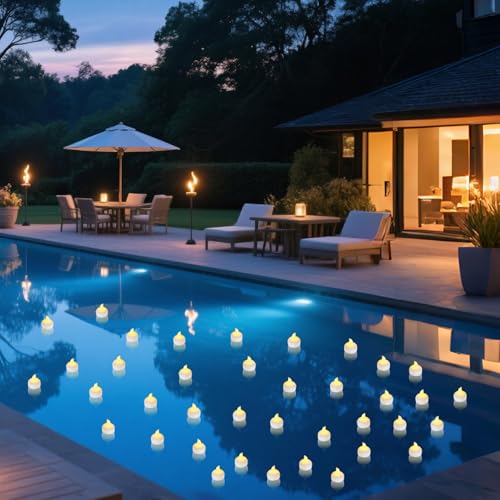 Image of 12 Pack Flameless Outdoor Waterproof LED Floating Tea Lights | Battery operated electric tealights, water-activated warm white flickering candles for wedding centerpiece pool decorations