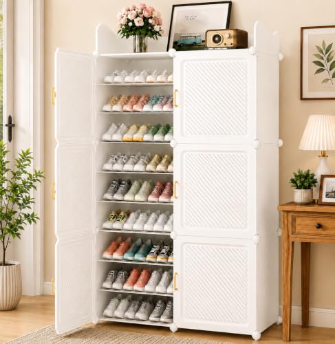 Image of Sunderlook Shoe Rack Plastic for Home- Shoe Stand, Chappal Stand, Professional Multipurpose Foldable Standing Comfort Runner Shoe Rack with Door, Slipper Stand (White, 18 Shelf 6 Door)