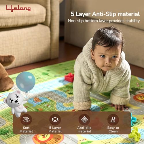 Image of Lifelong Cuppy Extra Large Baby Play Mat | 8Mm Waterproof For Crawling & Playing | Travel Friendly | Easy Clean,Soft Indoor & Outdoor Usage Yoga & Kids Mat | Non Toxic With Bis Approved, Multicolor