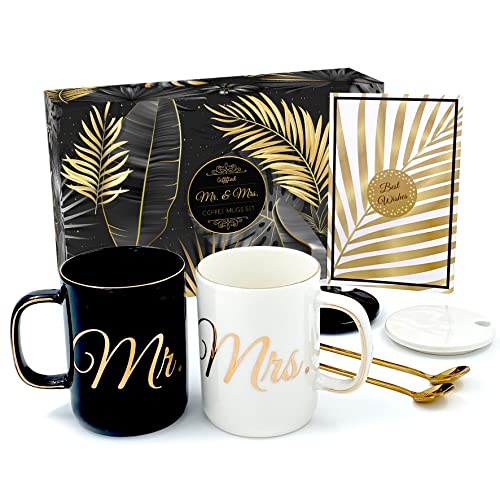 Gifffted Ensemble de Mugs Mr et Mrs avec Couvercles et Cuillères à Café pour d'anniversaire, Cadeau de Mariage, Comme Cadeau de Fiançailles, Noël, Emballage de Panier Luxueux, Tasses de Couple