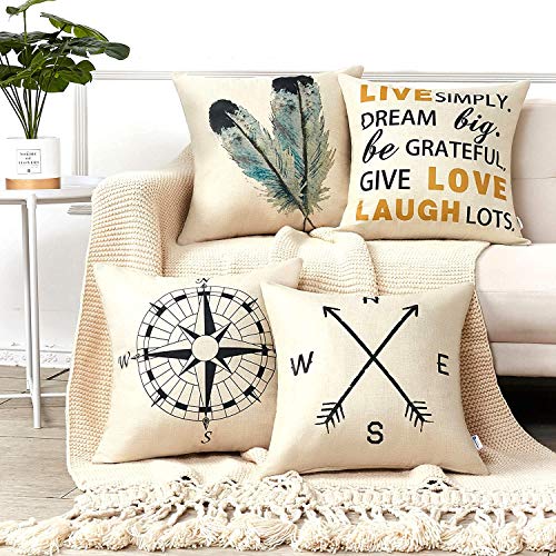 Anickal Decorative Throw Pillow Covers 20x20 Inches Set of 4 Cotton Linen Compass Arrow Feather Live Love Laugh Quote Couch Pillow Covers for Modern Simple Farmhouse Style Decor