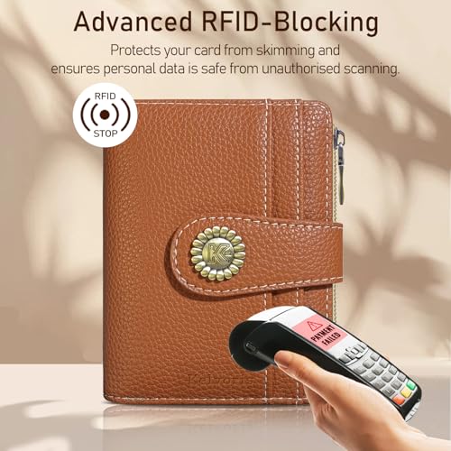 Image of Kelvoris Small Rfid Women Wallet Bifold Zipper Coin Pocket PU Leather Compact Cash Credit Card Holder Travel Wallet for Female Ladies Teen Girls 1 ID Window 10 Card Slots Caramel