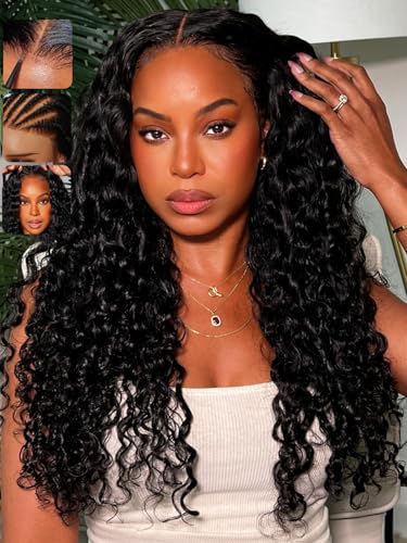 Image of KLAIYI Water Wave Curly Bye Bye Knots Glueless Wigs Human Hair 7x5 Precut Lace Front Drawstring Wig with Baby Hair Pre Plucked Bleached Pre Everything Ready to Wear and Go Wig Beginner Friendly 22Inch