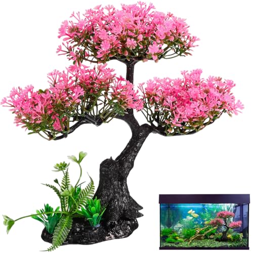 IMIKEYA Aquarium Artificial Plants Decor Realistic Pink Cherry Blossom &Amp; Green Water Grass Ornament for Fish Tank Plastic Simulate Plants Set for Goldfish Betta Tank