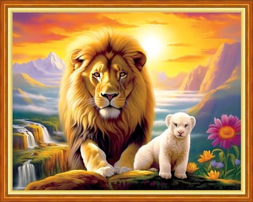 Image of Dimxvean Stamped Cross Stitch Kits,Cross Stitch Kits for Adults Beginners,Embroidery Kits Full Range of Cross Stitch Stamped Kits Needlepoint Kits Cross Stitch Patterns-Lion Sunrise 16x20 inch