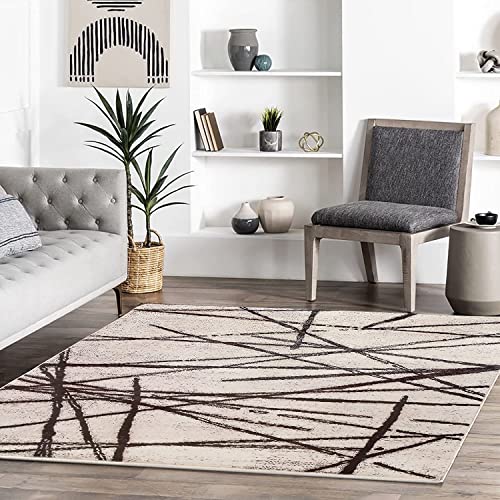 Leesentec Rugs Living Room Bedroom Rug Modern Short Pile Rugs Bohemian Carpet Abstract Geometric Straight Line Pattern Carpets Non-slip Large Rug (Beige/Striped Black - Image 2