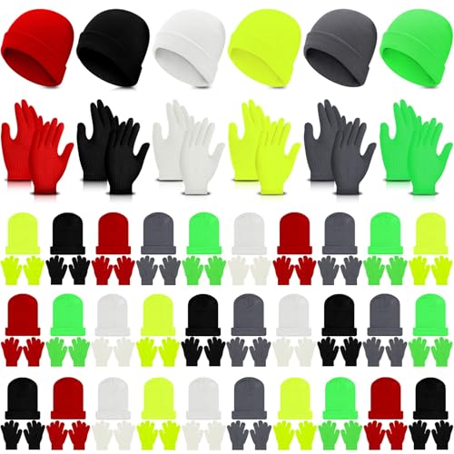 Image of Handepo 60Pcs Kids Winter Beanie and Gloves Bulk Knit Hats Gloves Warm Unisex Cold Weather Winter Gifts for Boy Girl Homeless